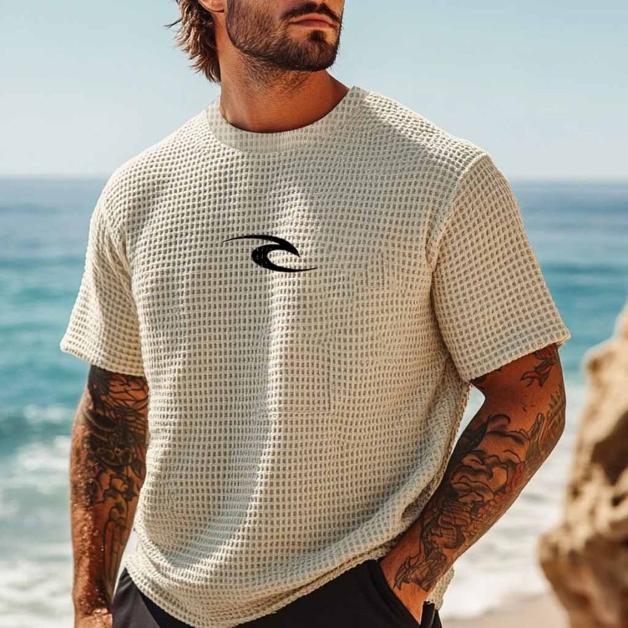 

Men's Vintage Waffle Knit Surf Beach Short Sleeve Crew Neck T-Shirt