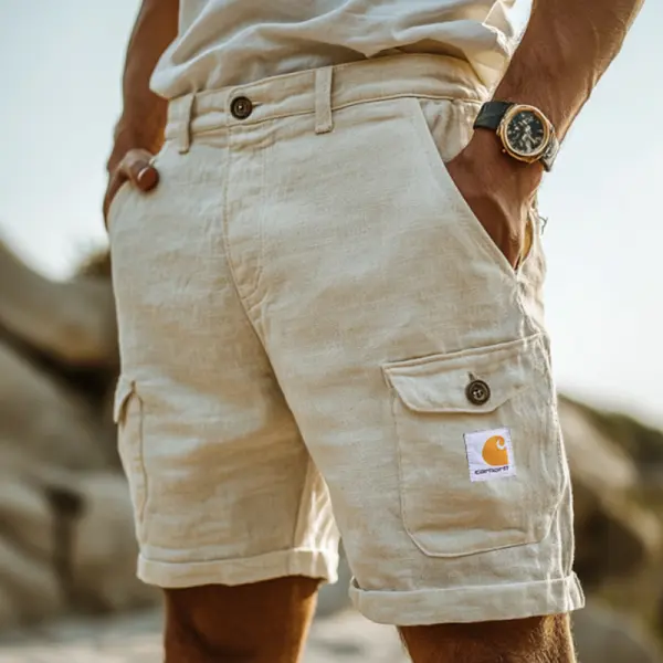 Men's Vintage Cotton And Linen Multi-Pocket Surf Beach Cargo Shorts - Spiretime.com 