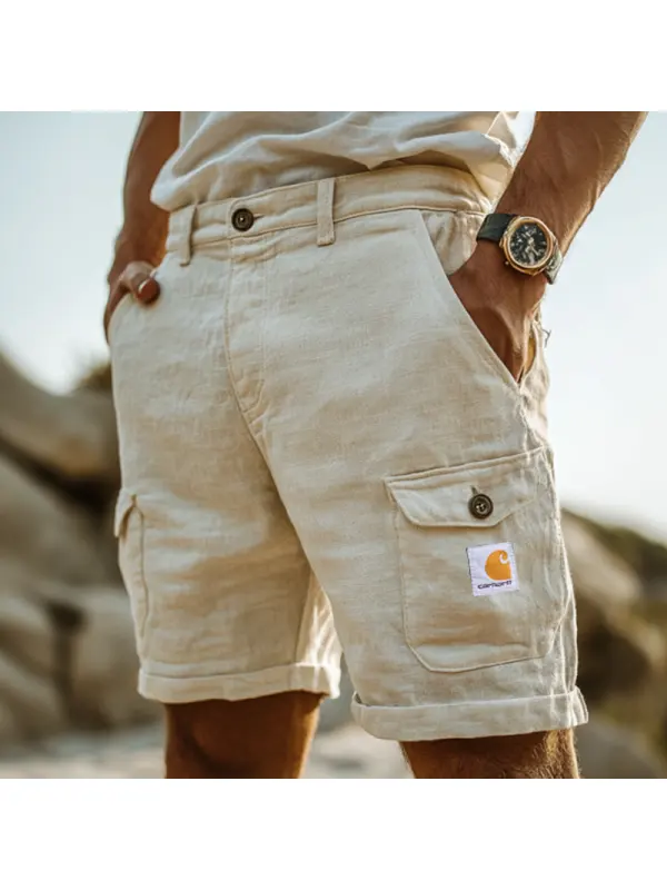 Men's Vintage Cotton And Linen Multi-Pocket Surf Beach Cargo Shorts - Ootdmw.com 