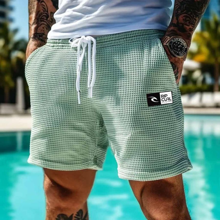 

Men's Vintage Waffle Knit Surf Elastic Drawstring Walkshort Light Green Shorts