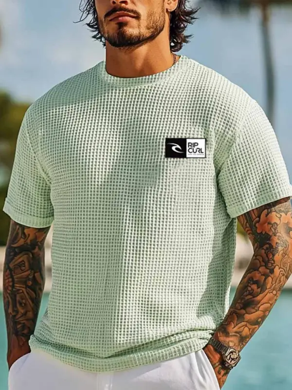 Men's Vintage Waffle Knit Surf Light Green Short Sleeve Crew Neck T-Shirt - Simplyion.com 
