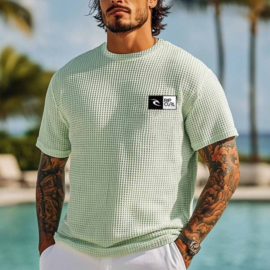 

Men's Vintage Waffle Knit Surf Light Green Short Sleeve Crew Neck T-Shirt