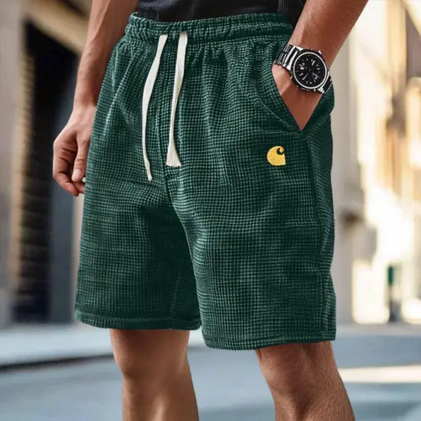 Men's Vintage Waffle Knit Embroidered Surf Dark Green Elastic Drawstring Shorts - Ootdyouth.com 