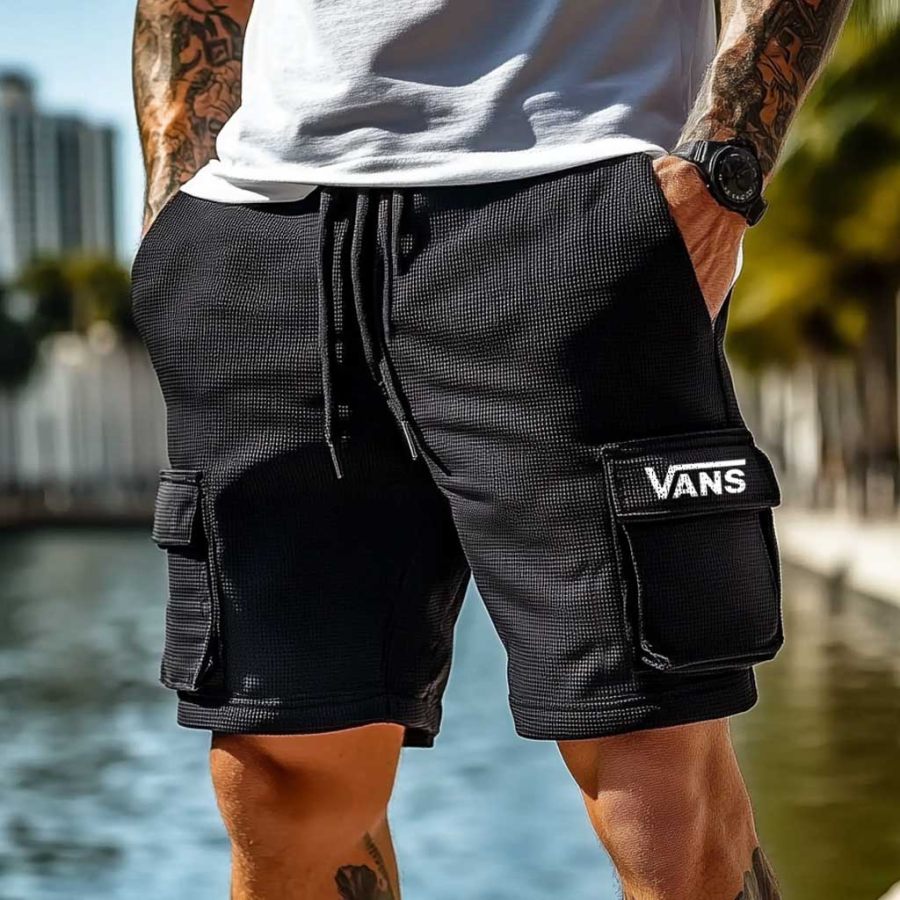 

Men's Vintage Surf Waffle Knit Multi-Pocket Casual Walkshort Elastic Cargo Shorts
