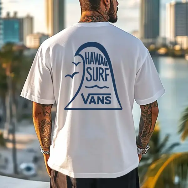 Men's Vintage Surf Hawaiian Wave Print Crew Neck Short Sleeve T-Shirt - Menzfolk.com 