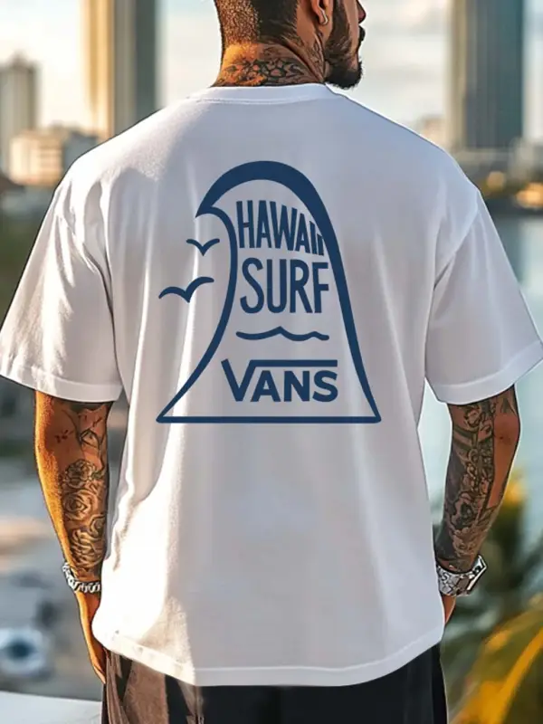 Men's Vintage Surf Hawaiian Wave Print Crew Neck Short Sleeve T-Shirt - Menbarn.com 