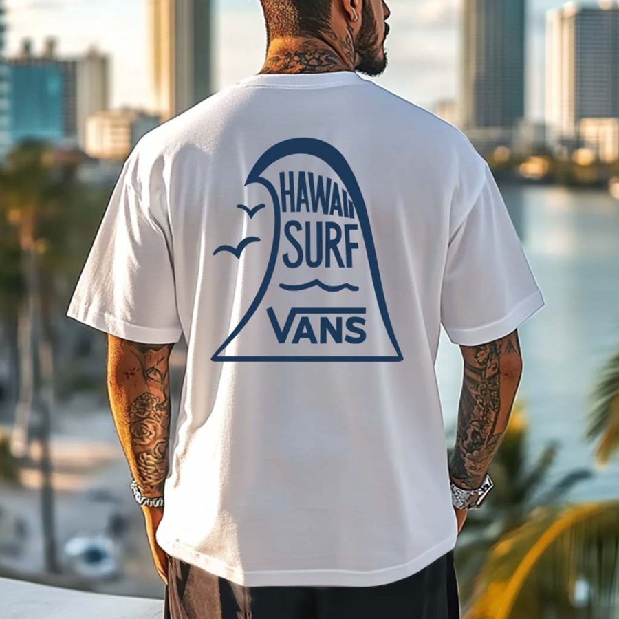 

Men's Vintage Surf Hawaiian Wave Print Crew Neck Short Sleeve T-Shirt