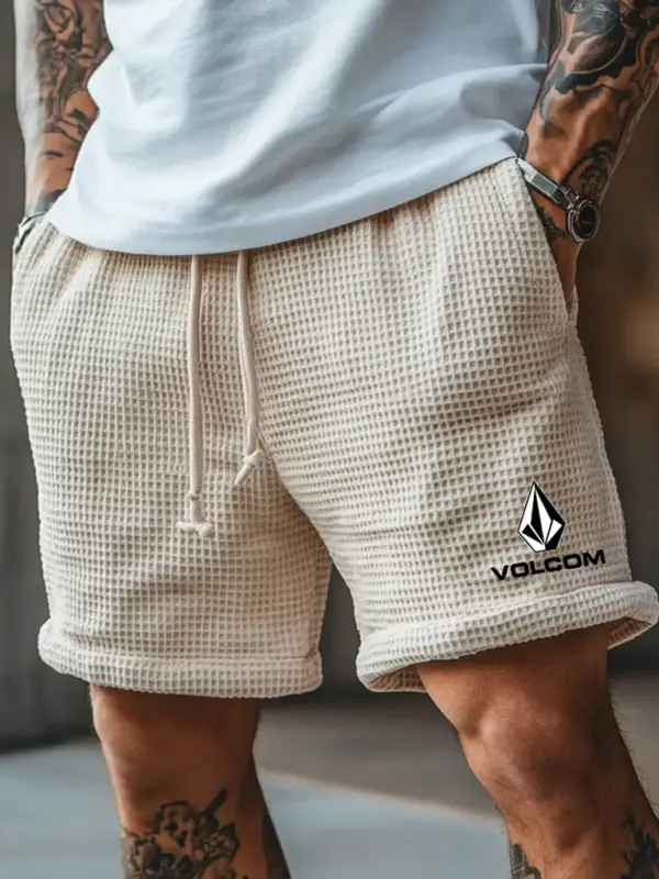 Volcom Men's Vintage Beige Waffle Knit Elastic Drawstring Board Surf Shorts - Simplyion.com 
