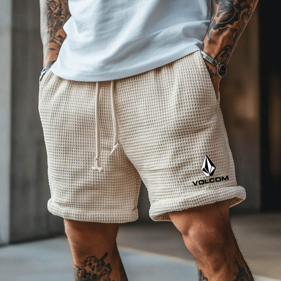 

Men's Vintage Beige Waffle Knit Elastic Drawstring Board Surf Shorts