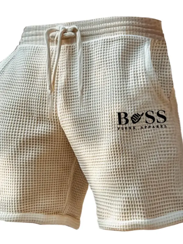 Men's Vintage Waffle Knit Elastic Drawstring Beige Shorts - Simplyion.com 