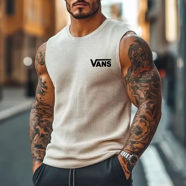 Men's Vintage Beige Waffle Knit Surf Sleeveless Crew Neck Tank Top - Wayrates.com 
