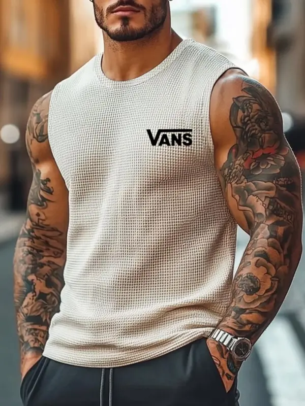Men's Vintage Beige Waffle Knit Surf Sleeveless Crew Neck Tank Top - Menbarn.com 