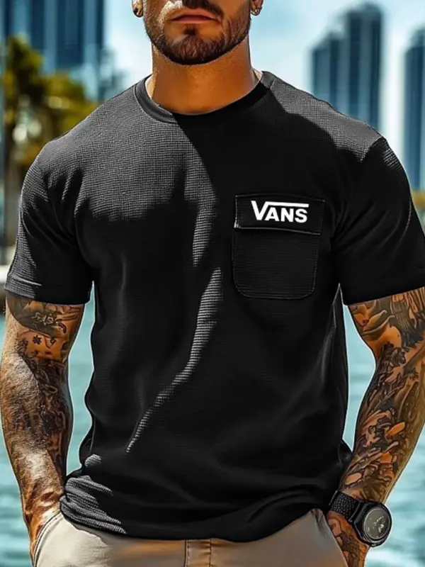Men's Vintage Waffle Knit Surf Pocket Short Sleeve Crew Neck T-Shirt - Menbarn.com 