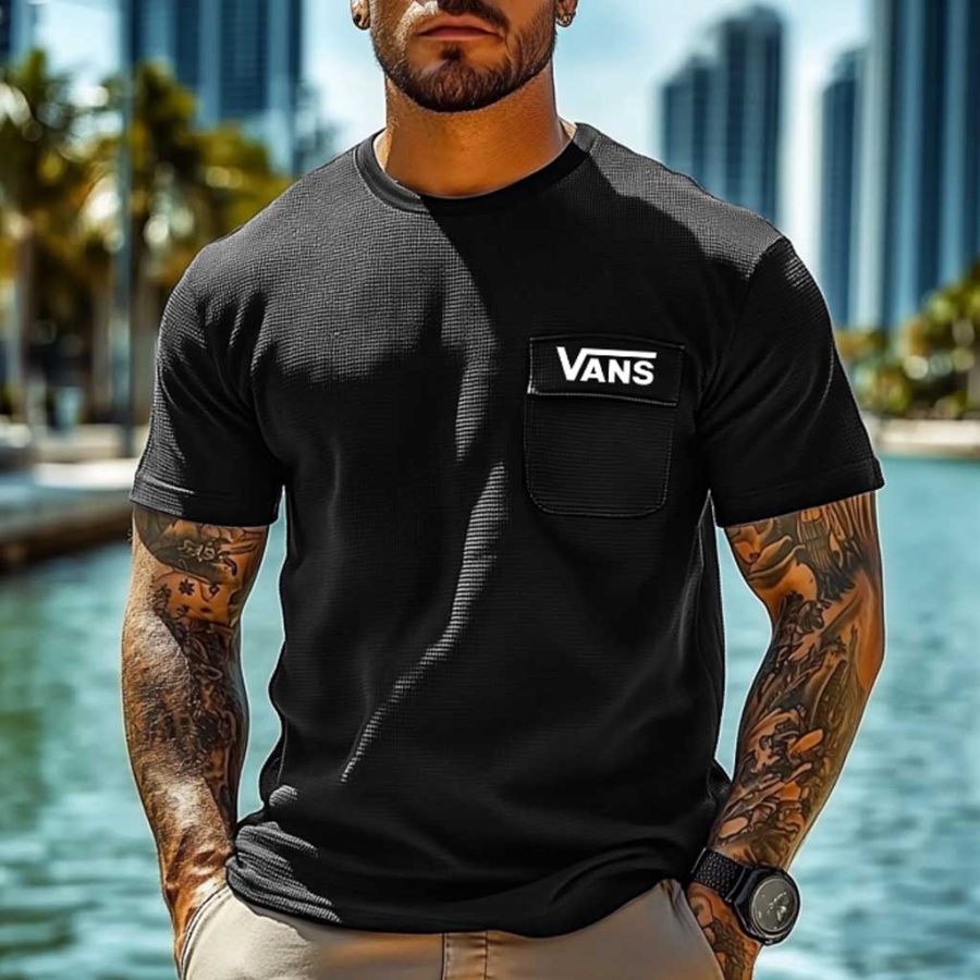 

Men's Vintage Waffle Knit Surf Pocket Short Sleeve Crew Neck T-Shirt
