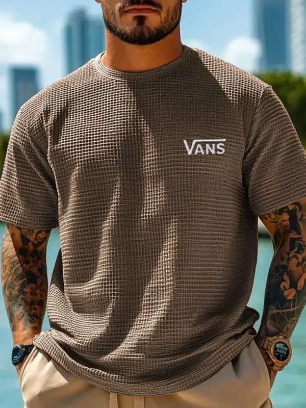 Vans Men's Brown Waffle Knit Embroidery Short Sleeve Crew Neck T-Shirt - Simplyion.com 