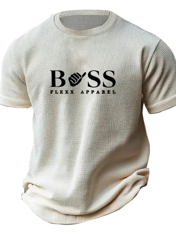 Men's Vintage Waffle Knit Surf Print Crew Neck Short Sleeve Beige T-Shirt - Menbarn.com 