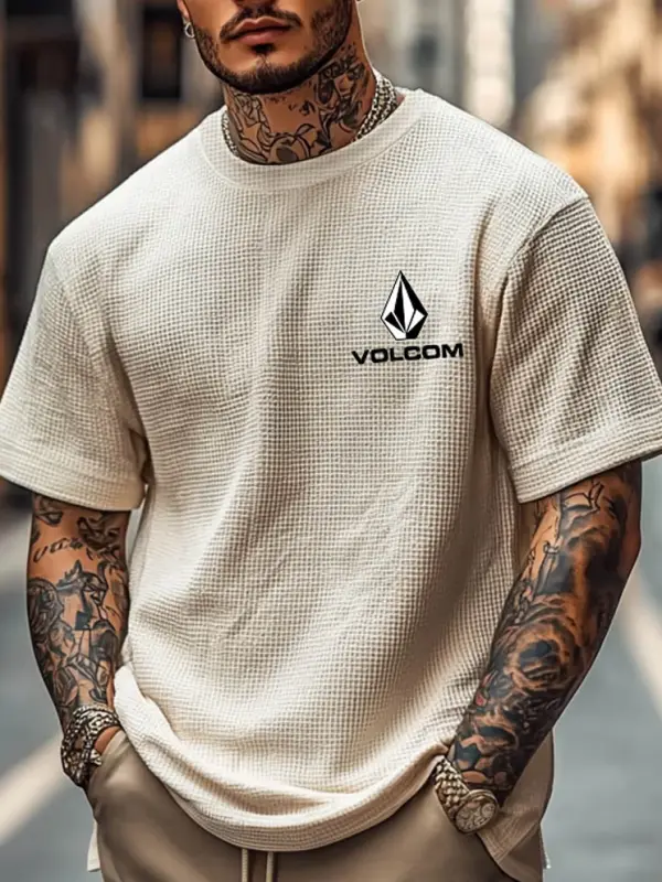 Men's Vintage Waffle Knit Surf Print Crew Neck Short Sleeve Beige T-Shirt - Menbarn.com 