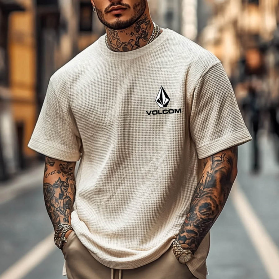 

Men's Vintage Waffle Knit Surf Print Crew Neck Short Sleeve Beige T-Shirt
