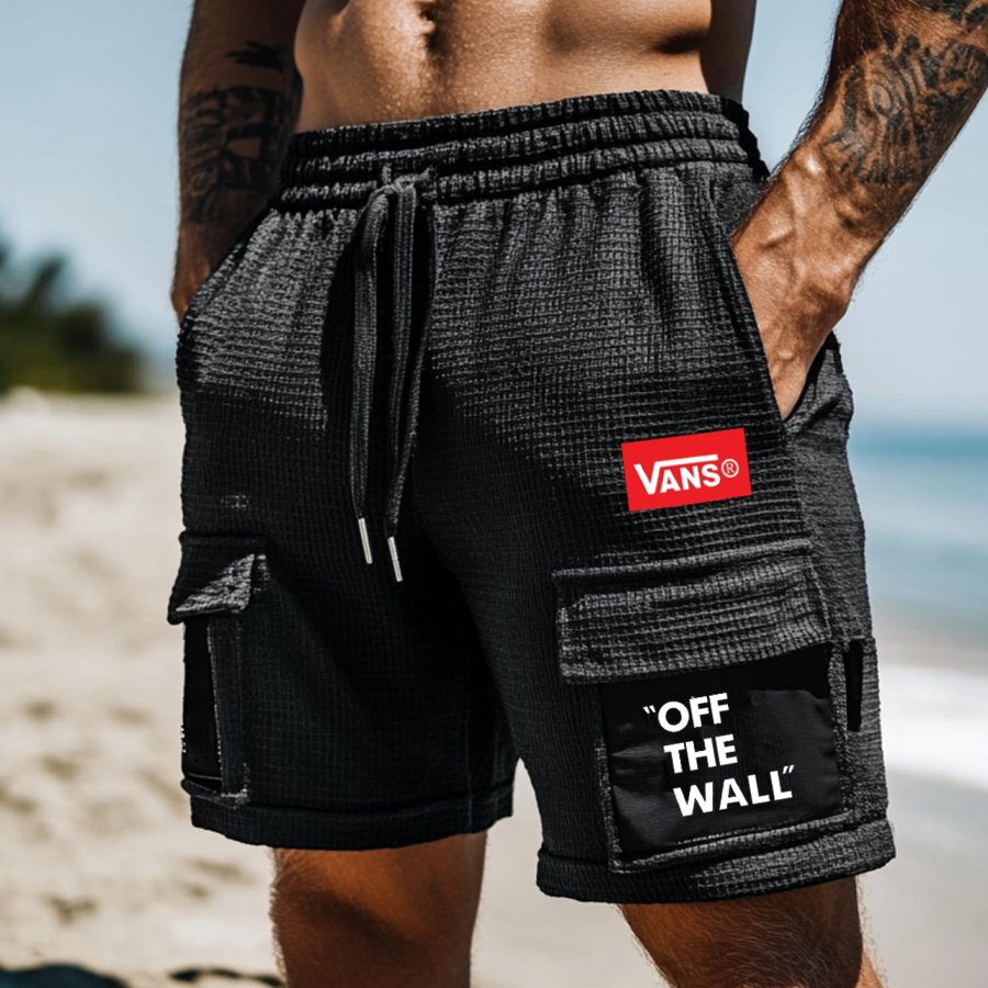 

Men's Vintage Waffle Knit Multi-Pocket Casual Walkshort Workwear Elastic Cargo Shorts