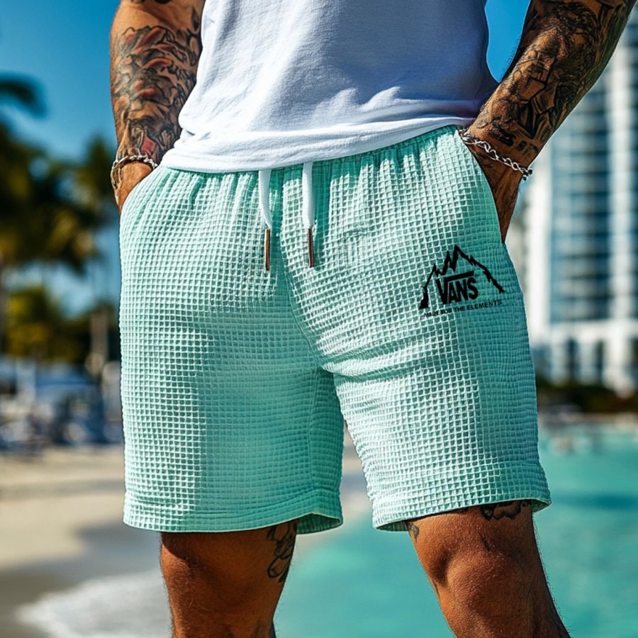

Men's Vintage Waffle Knit Surf Light Green Elastic Drawstring Walkshort Shorts