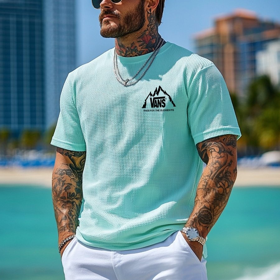 

Men's Vintage Waffle Knit Surf Light Green Short Sleeve Crew Neck T-Shirt