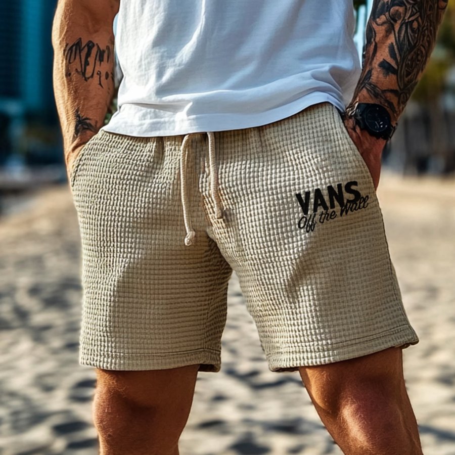 

Men's Vintage Waffle Knit Beige Elastic Drawstring Board Surf Shorts