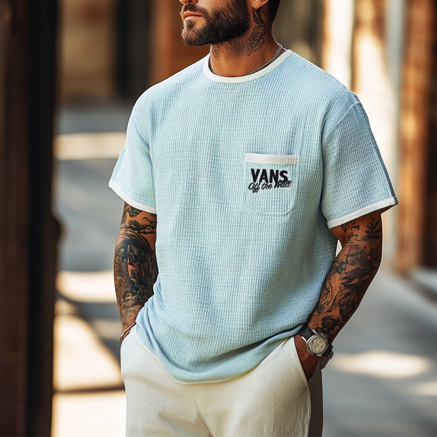 

Men's Vintage Waffle Fabric Knit Sky Blue Mesh T-Shirt - Perfect For Summer Outdoors