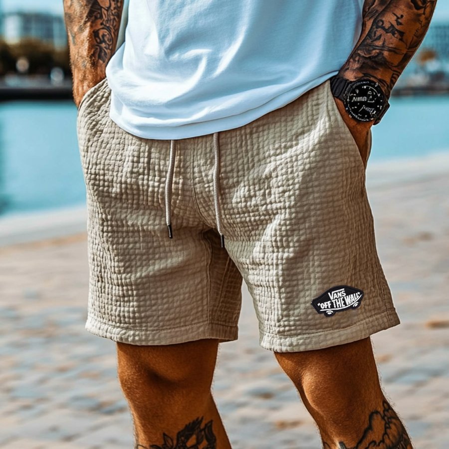 

Men's Vintage Waffle Knit Beige Elastic Drawstring Board Surf Shorts