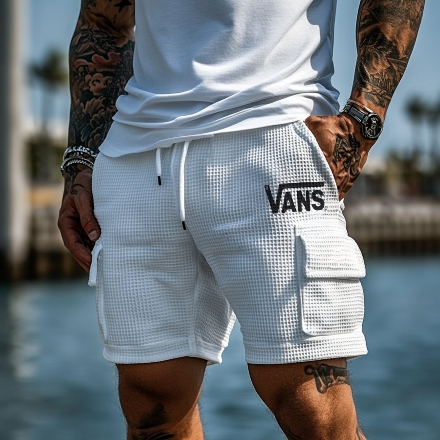 

Men's Vintage Waffle Knit Multi-Pocket Casual Walkshort Workwear Elastic Cargo Shorts