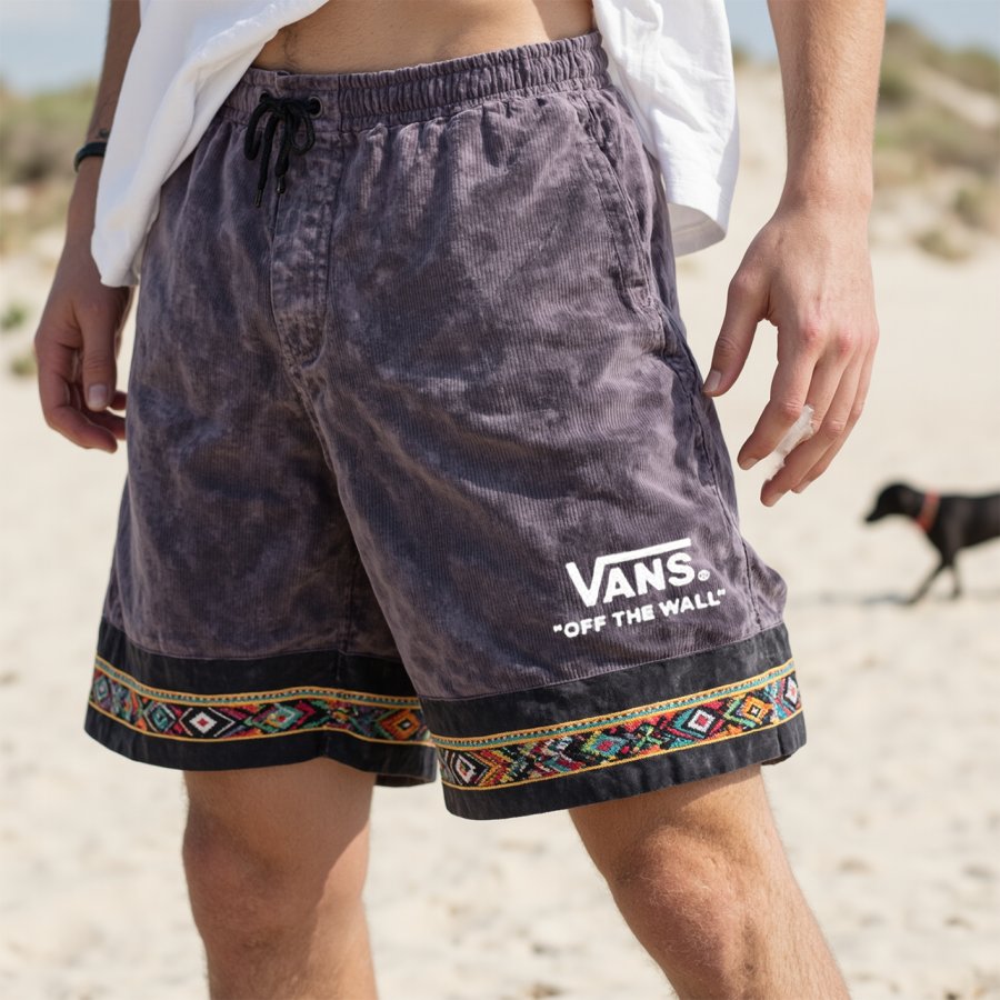 

Men's Vintage Corduroy Stitching Ethnic Aztec Elastic Drawstring Surf Shorts