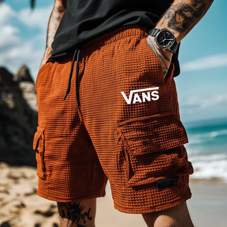 

Men's Vintage Orange Waffle Knit Multi-Pocket Casual Walkshort Workwear Elastic Cargo Shorts