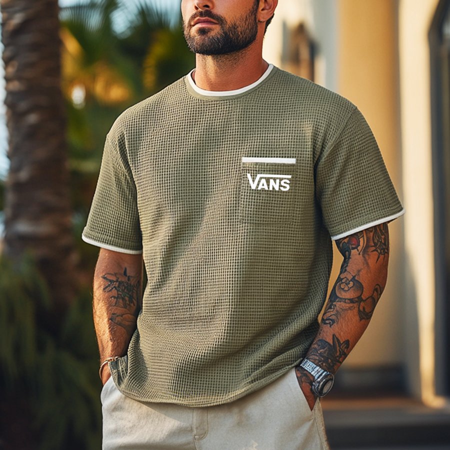 

Men's Vintage Waffle Fabric Knit Army Green Mesh T-Shirt - Perfect For Summer Outdoors