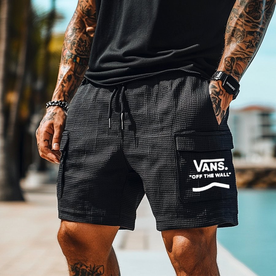 

Men's Vintage Surf Waffle Knit Multi-Pocket Casual Walkshort Elastic Cargo Shorts