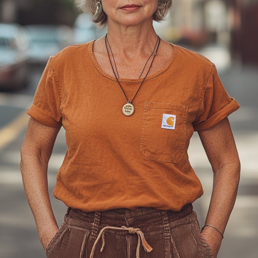 

Vintage Casual Orange Short-Sleeve T-Shirt With Chest Pocket And Pendant Necklace