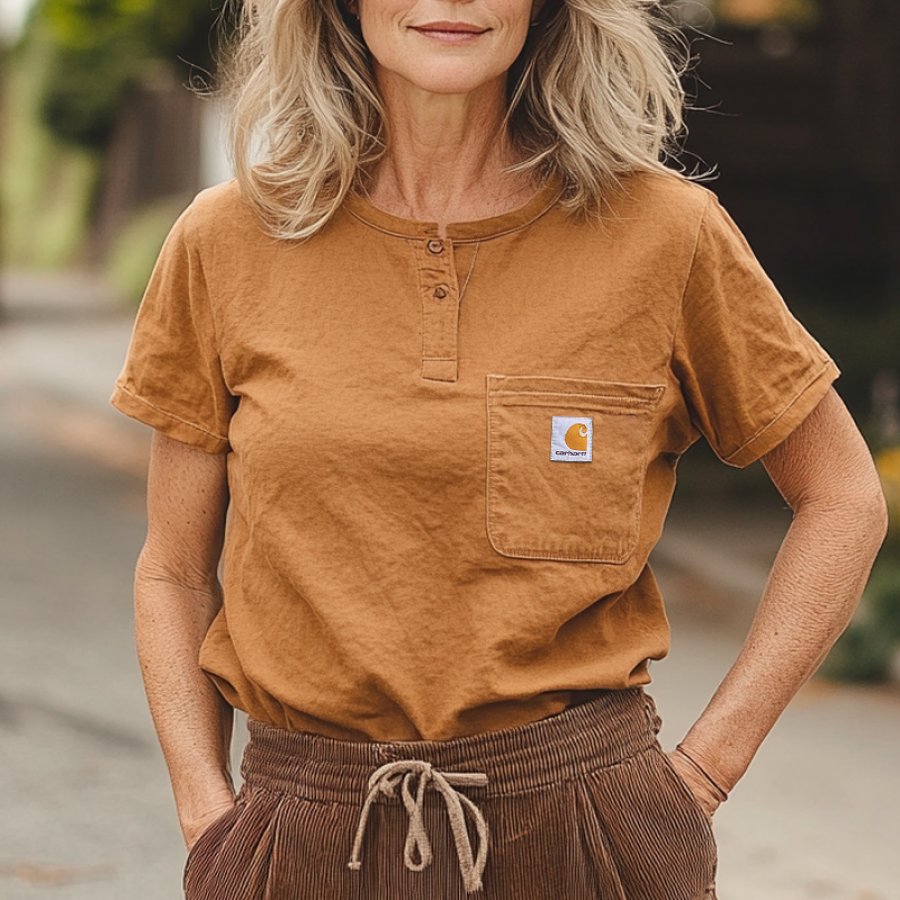 

Vintage Casual Henley T-Shirt With Chest Pocket For Everyday Wear
