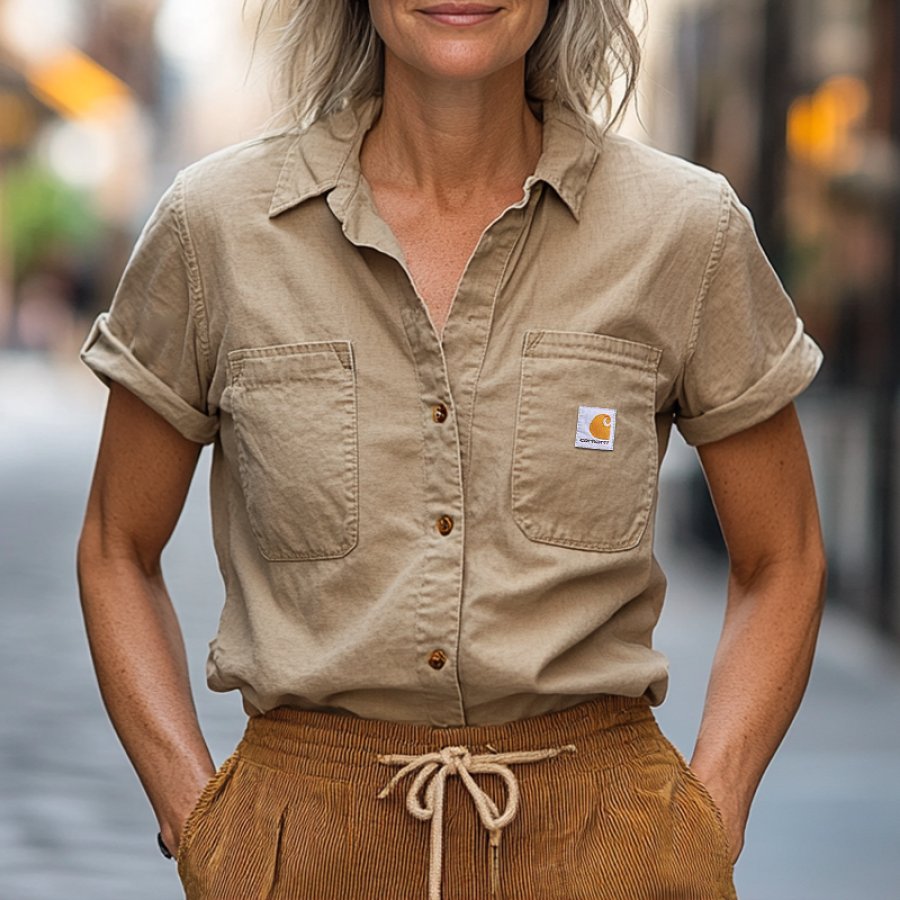 

Vintage Short-Sleeve Button-Up Shirt With Dual Pockets For Everyday Wear