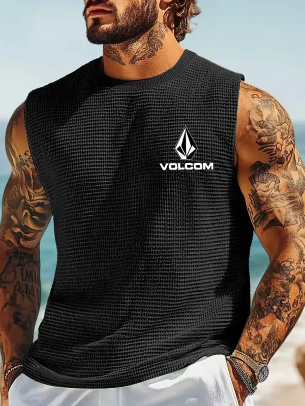 Men's Vintage Black Waffle Knit Surf Printed Sleeveless Crew Neck Tank Top - Menbarn.com 
