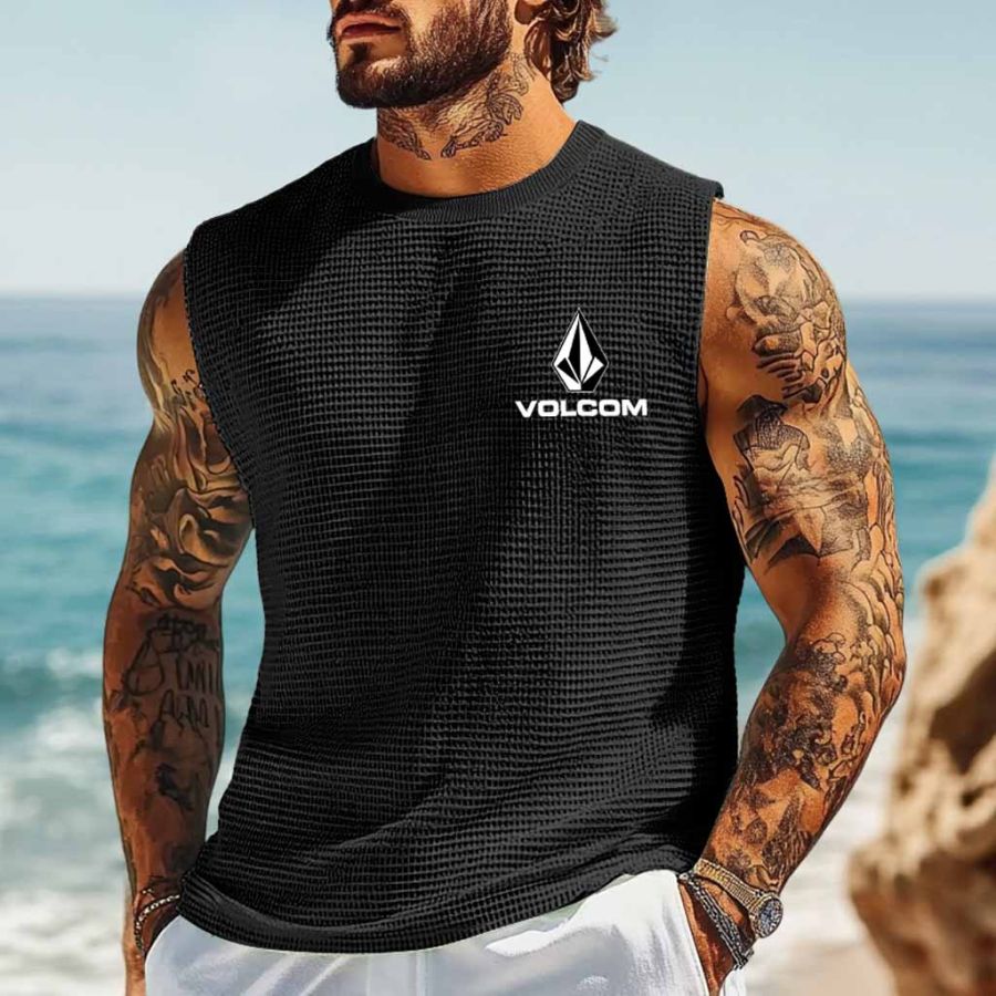 

Men's Vintage Black Waffle Knit Surf Printed Sleeveless Crew Neck Tank Top