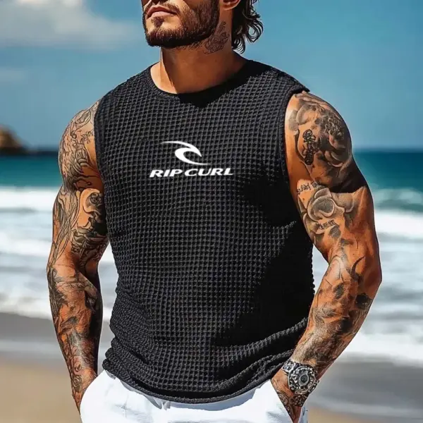 Men's Vintage Black Waffle Knit Surf Printed Sleeveless Crew Neck Tank Top - Menzfolk.com 