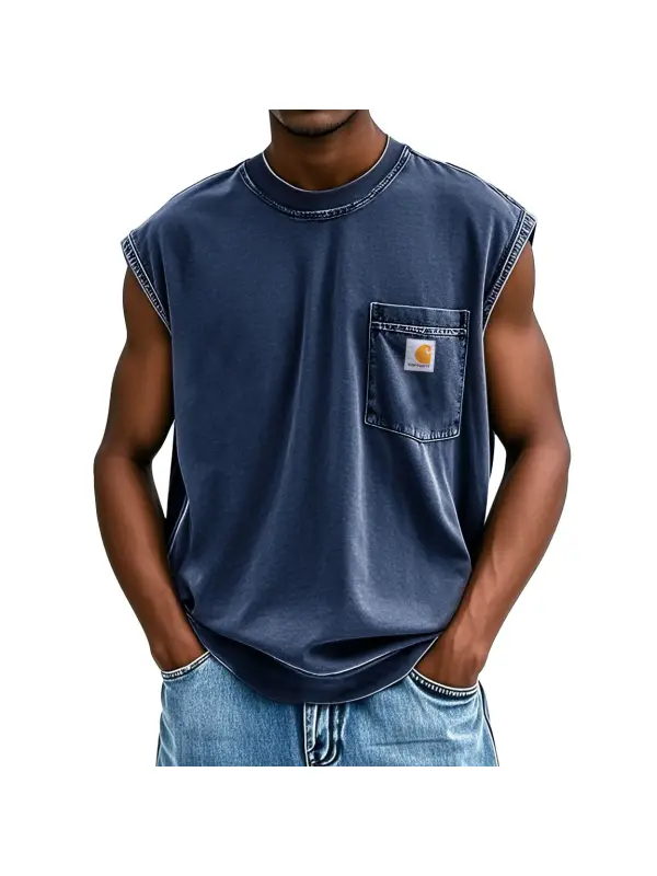 Men's Vintage Distressed Pocket Crew Neck Sleeveless Tank Top - Shopyiyistories.com 