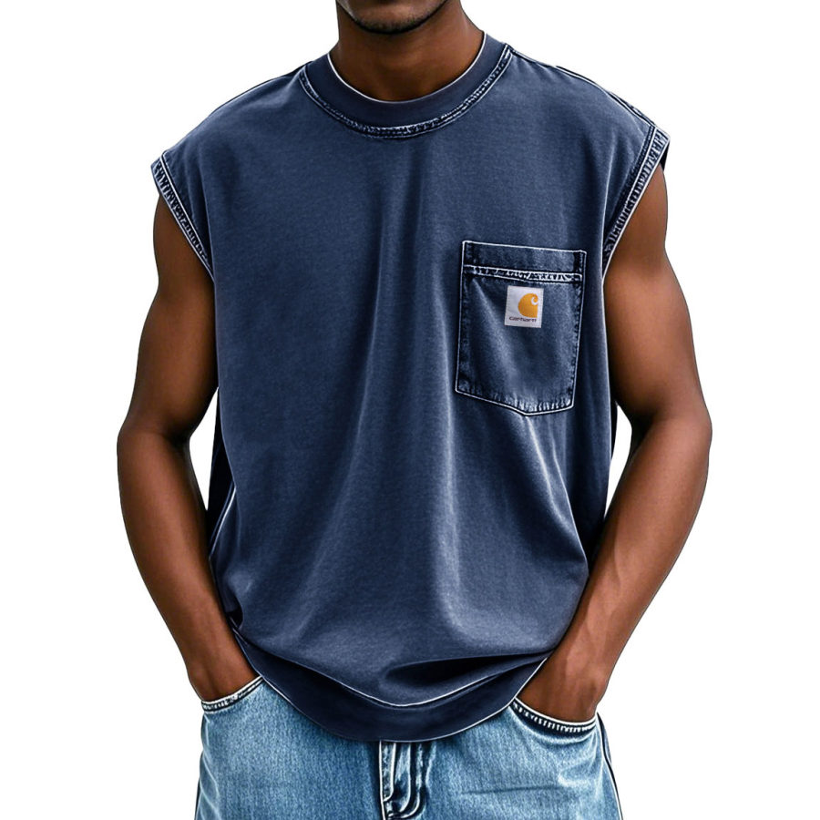 

Men's Vintage Distressed Pocket Crew Neck Sleeveless Tank Top