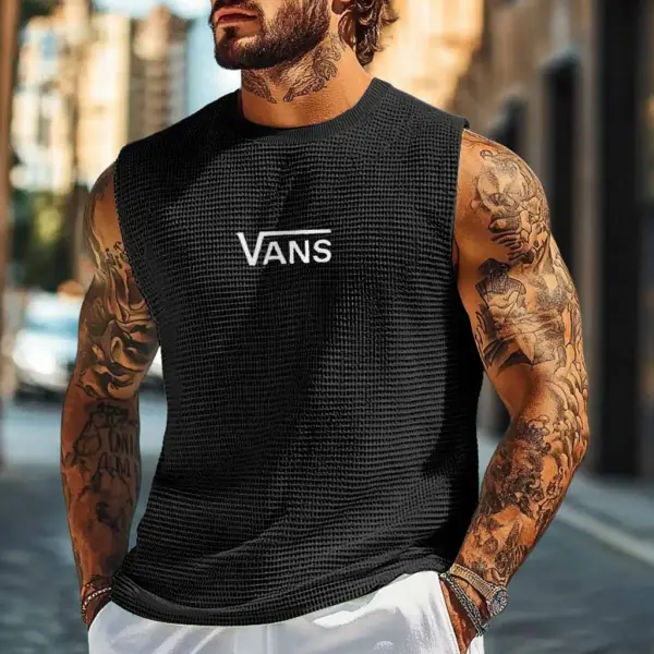 Men's Vintage Black Waffle Knit Surf Embroidered Sleeveless Crew Neck Tank Top - Menzfolk.com 