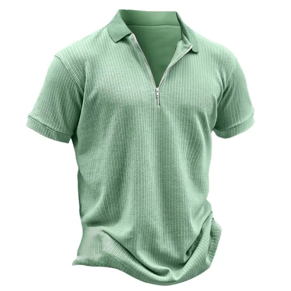Men's Vintage Waffle Knit Zip-Up Polo Short Sleeve T-shirt - Rabclub.com 