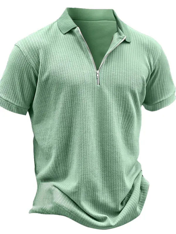 Men's Vintage Waffle Knit Zip-Up Polo Short Sleeve T-shirt - Menwyx.com 