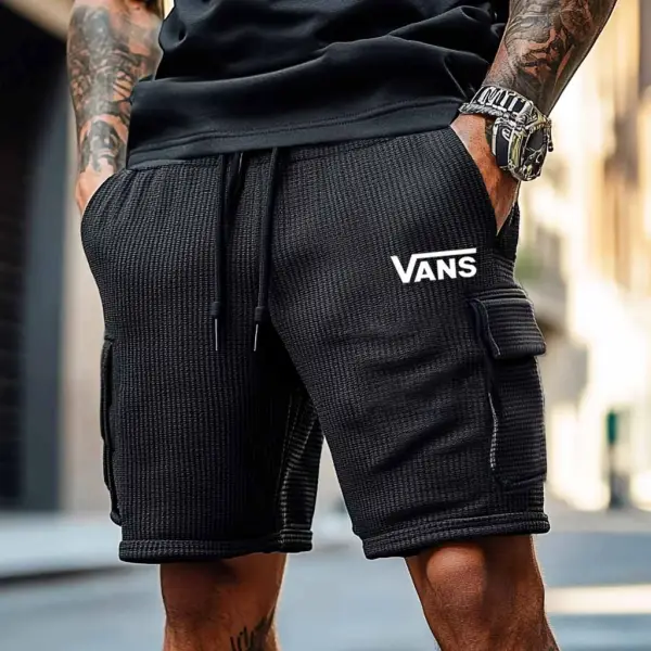 Men's Vintage Surf Print Waffle Knit Multi-Pocket Casual Walkshort Elastic Cargo Shorts - Wayrates.com 