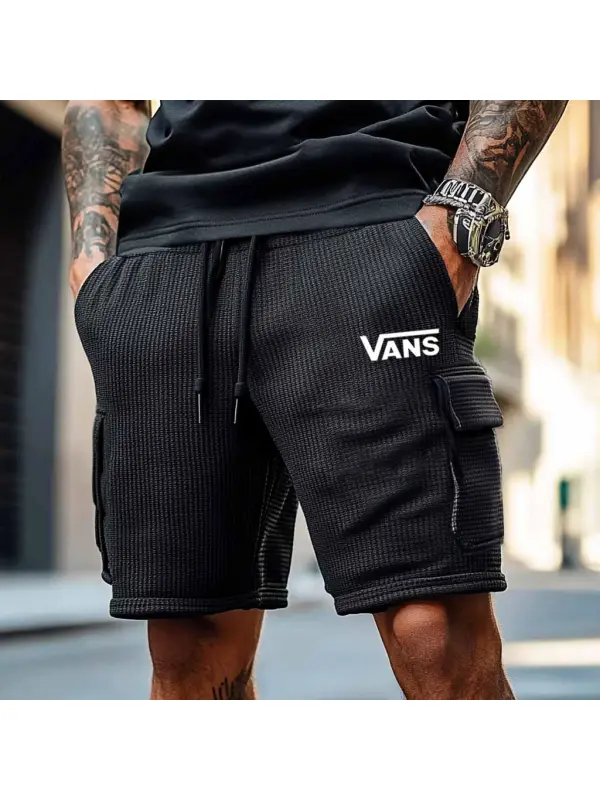 Men's Vintage Surf Print Waffle Knit Multi-Pocket Casual Walkshort Elastic Cargo Shorts - Ootdmw.com 