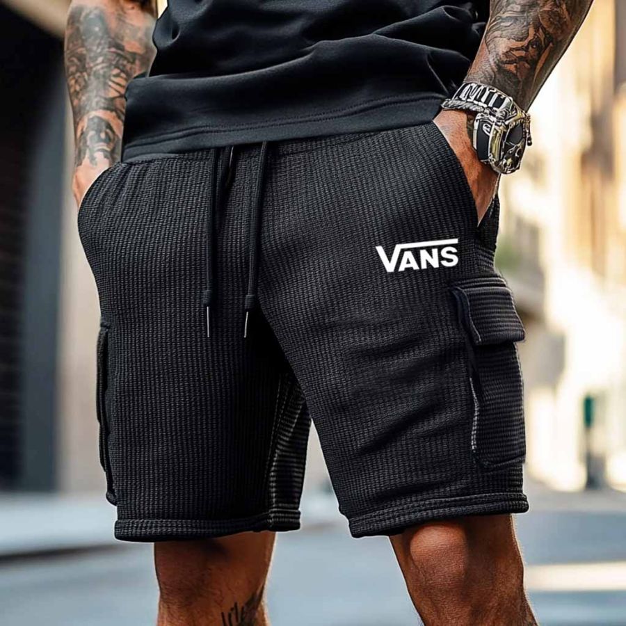 

Men's Vintage Surf Print Waffle Knit Multi-Pocket Casual Walkshort Elastic Cargo Shorts