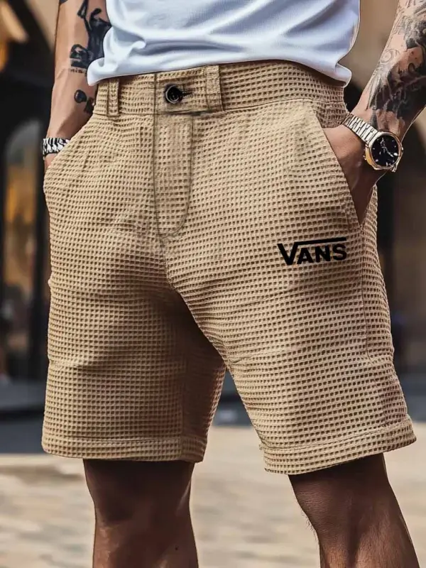 Vans Men's Athletic Shorts Waffle Knit Print Khaki Surf Shorts - Menbarn.com 
