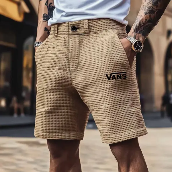 Men's Vintage Waffle Knit Surf Print Khaki Shorts - Spiretime.com 