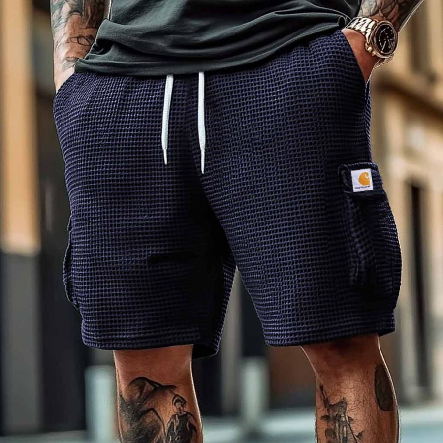 

Men's Vintage Surf Print Waffle Knit Multi-Pocket Casual Walkshort Elastic Cargo Shorts